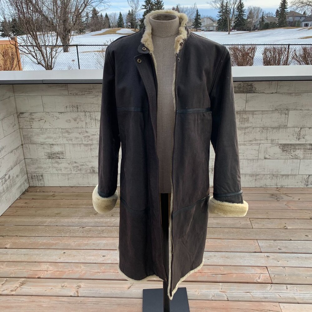 Isaco Suede Leather Overcoat Womens M Brown Suede Sherpa Lined Long Coat Jacket